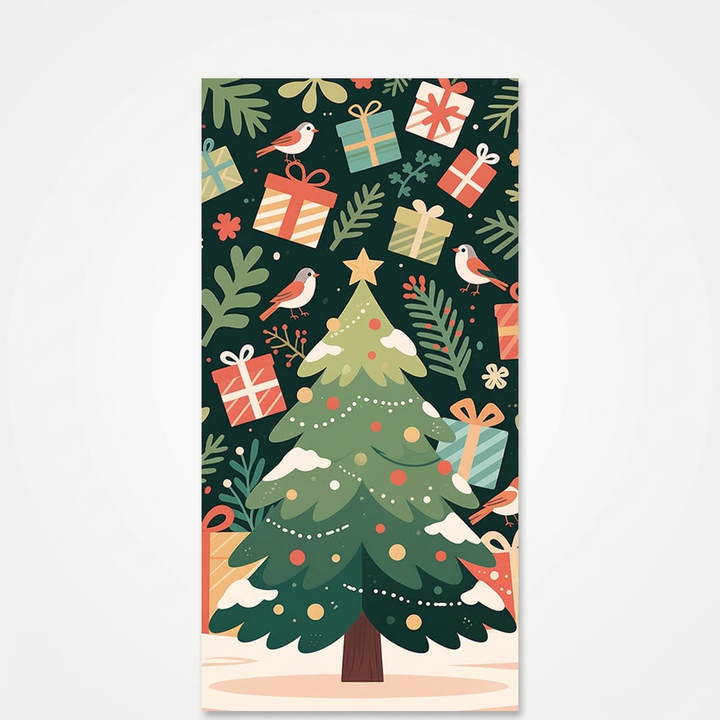 Christmas tree door cover displaying a decorated tree with falling snow and presents