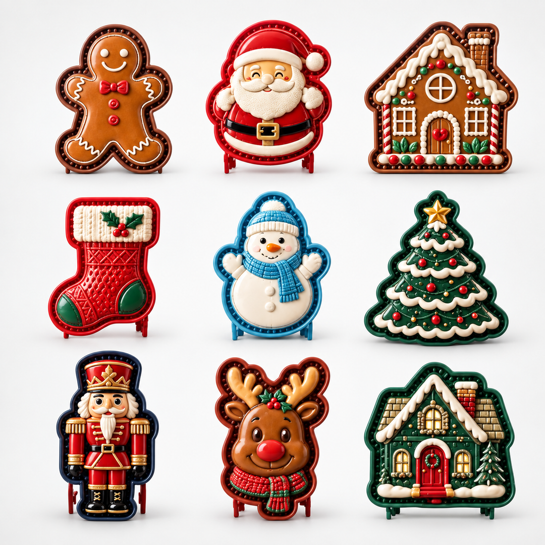 Collection of nine holiday-themed hand pie presses in various festive shapes and colors