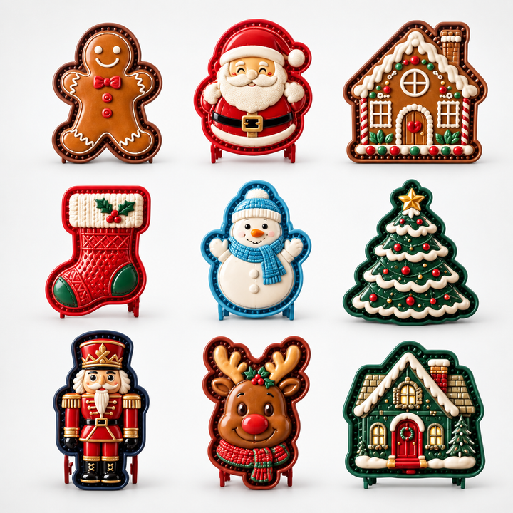 Collection of nine holiday-themed hand pie presses in various festive shapes and colors