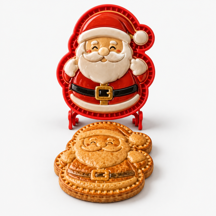 Red Santa face hand pie press displayed alongside a baked pastry