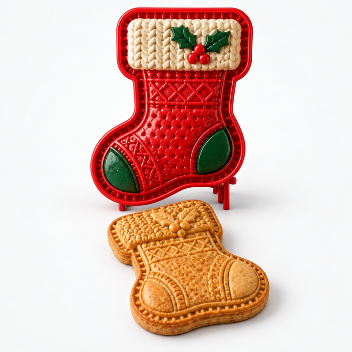Close-up of pastry cutter and cookie stamp kitchen gadget for holiday treats