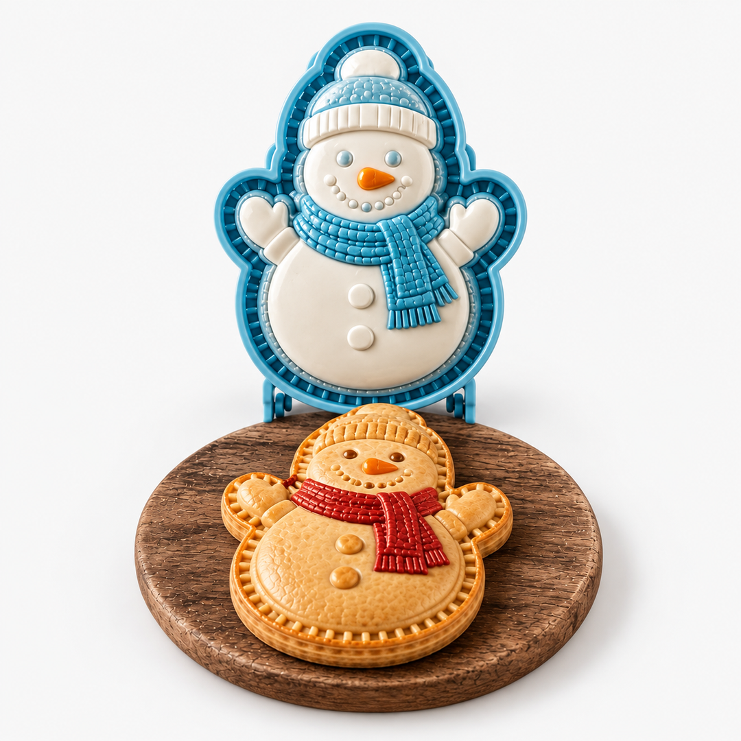 Plastic holiday baking tool and festive pastry mold arranged together