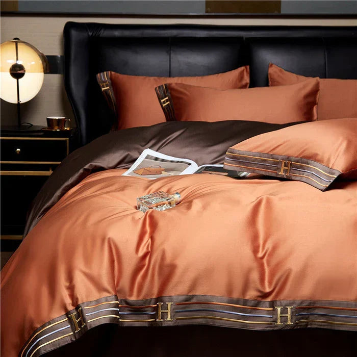 Folded satin bedding set showcasing smooth texture and premium finish