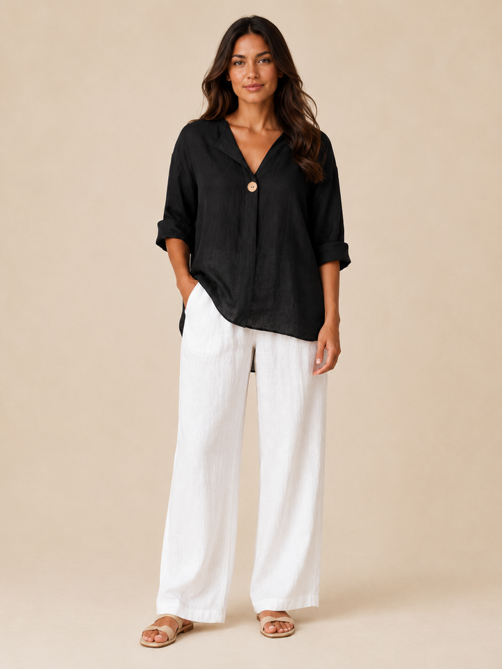 Women's open collar casual top with roll-tab sleeves in a relaxed fit