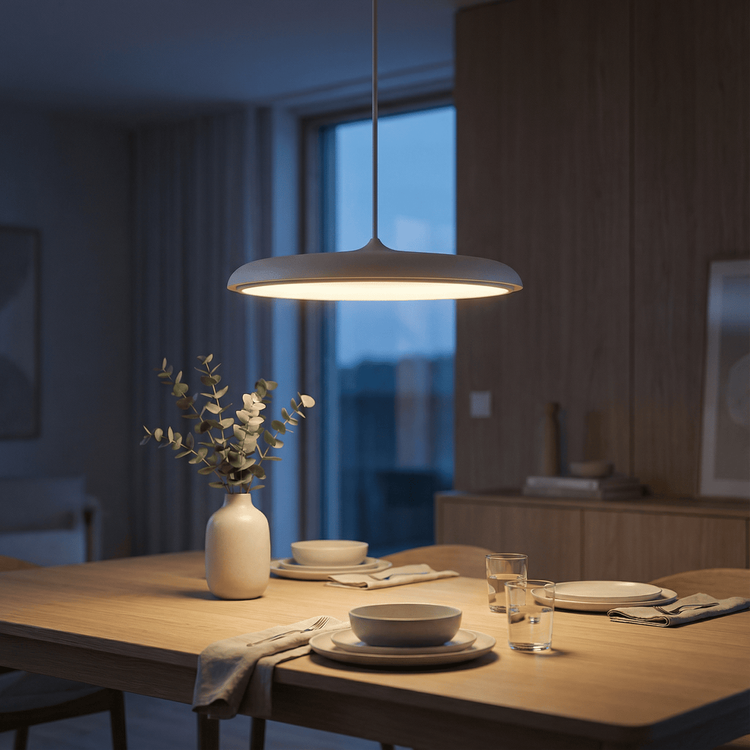 White LED pendant light illuminating a cozy modern dining room setup at dusk