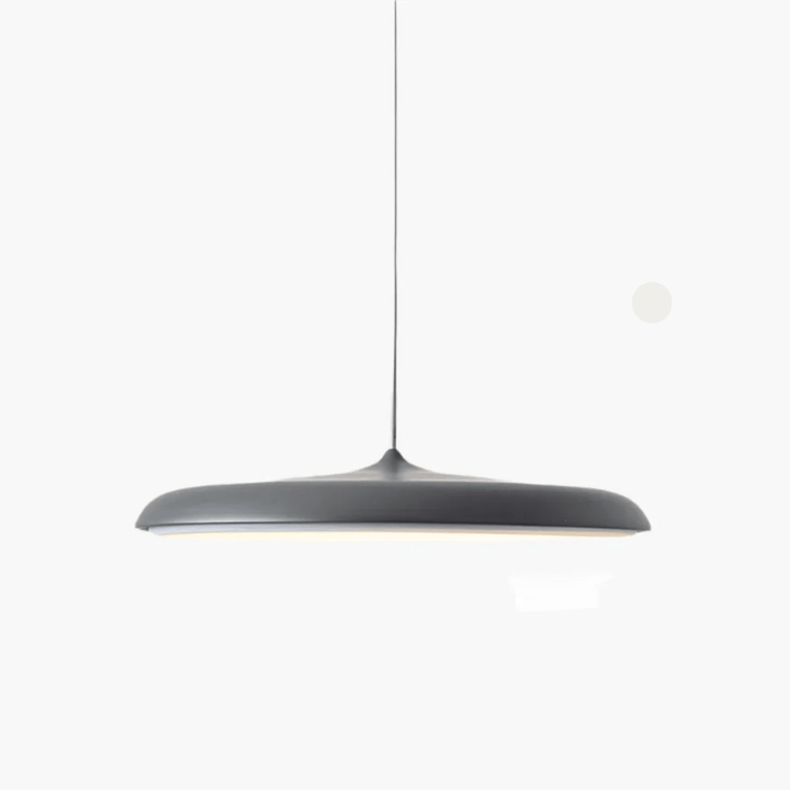 Close-up of the sleek hanging lamp fixture featuring warm white light technology