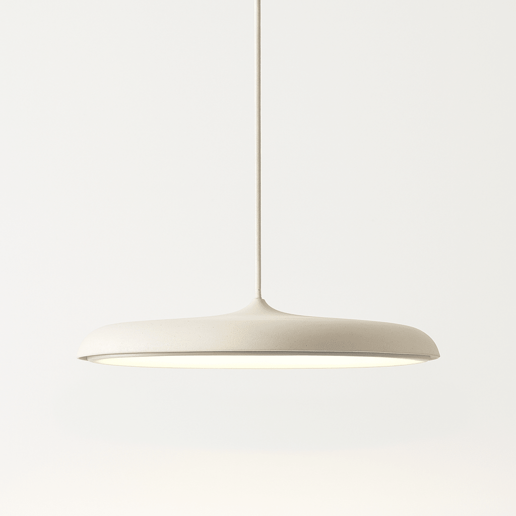 Close up view of the white Scandinavian LED pendant light hanging against a plain wall