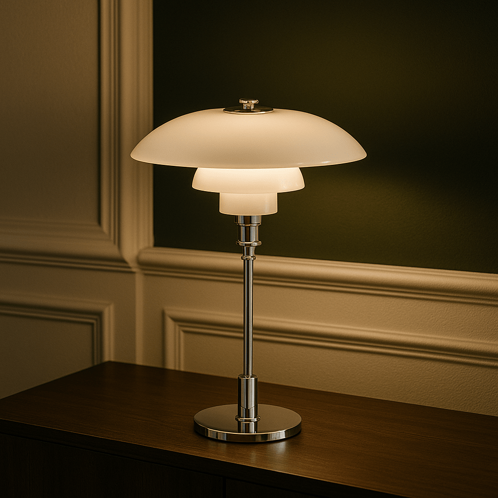 White and silver minimalist table lamp casting a soft ambient glow against a dark wall