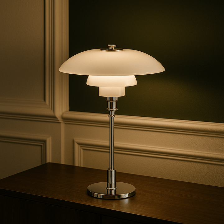 White and silver minimalist table lamp casting a soft ambient glow against a dark wall