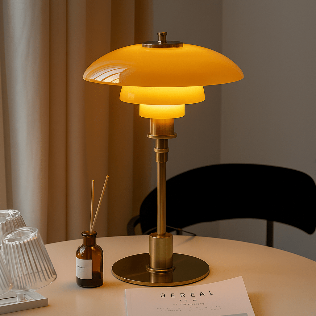 Amber and gold Scandinavian table lamp on a dining table with warm glowing LED light