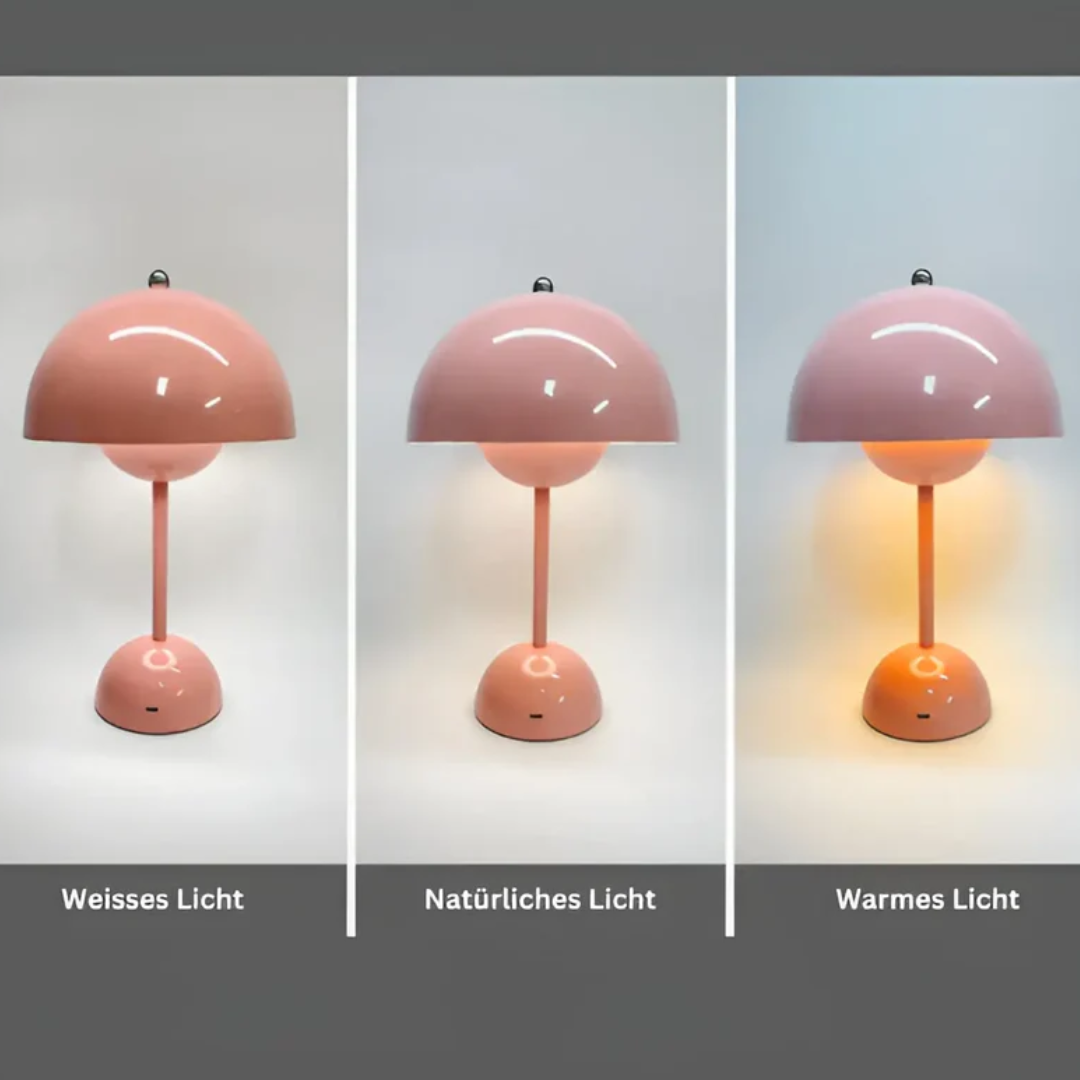 Close up of the sleek metal shade on a modern cordless lighting accessory
