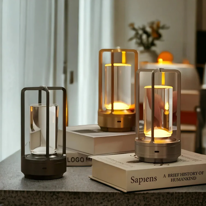 Assorted colors of Scandinavian wireless LED table lamps on a table