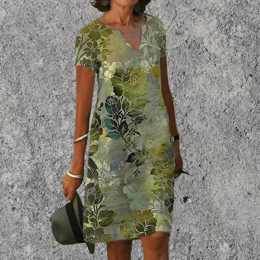 Full length shot of the everyday wear V-neck midi dress with botanical pattern