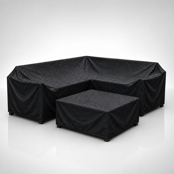 Black garden furniture protective cover with water droplets outdoors