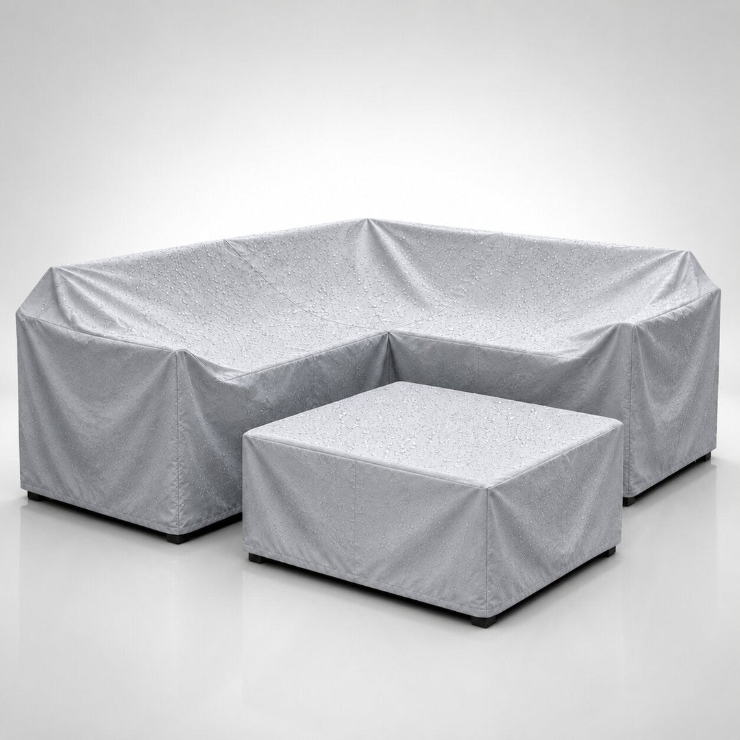 Silver patio furniture protective cover resistant to rain and weather
