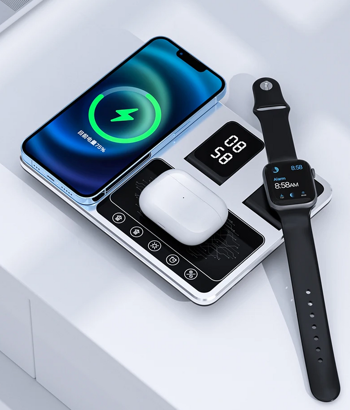 Compact multi-device desk charger featuring rapid power delivery for smartphones and wearables