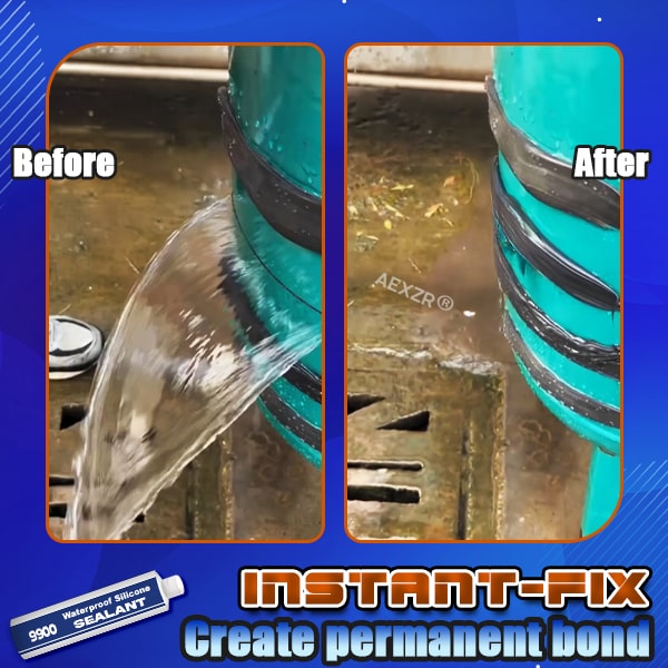Before and after comparison of a repaired pipe leaking water sealed with silicone