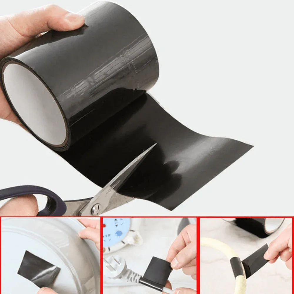 Pair of scissors cutting a roll of heavy-duty sealing tape