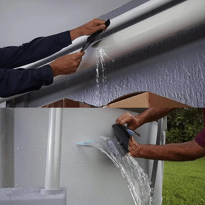 Man applying waterproof sealing tape to a leaking pipe outdoors