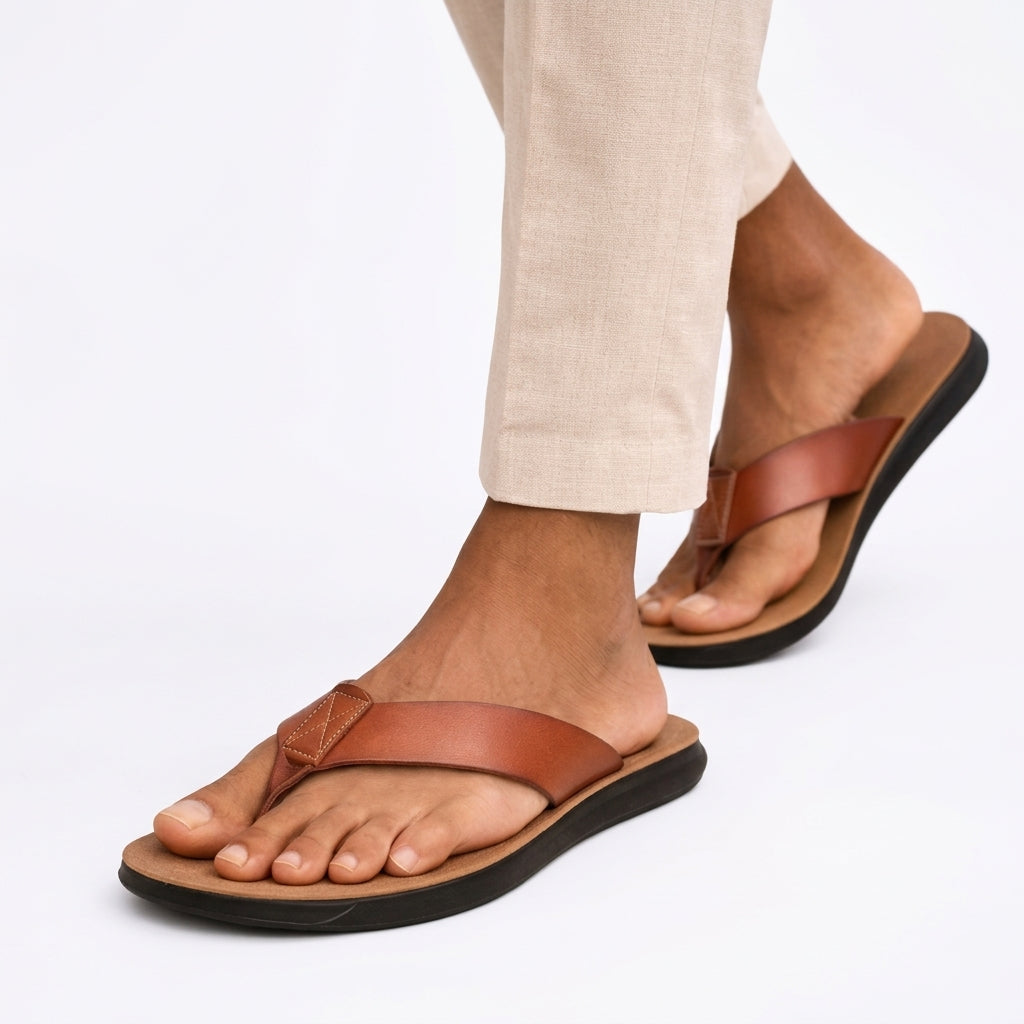 Side profile of brown Sebastian Sandals during summer walk