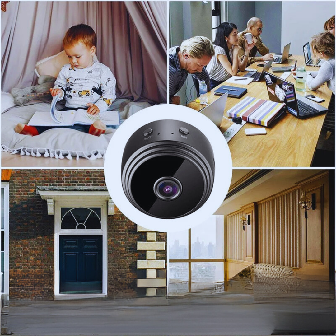 HD security camera mounted on a living room wall for home monitoring