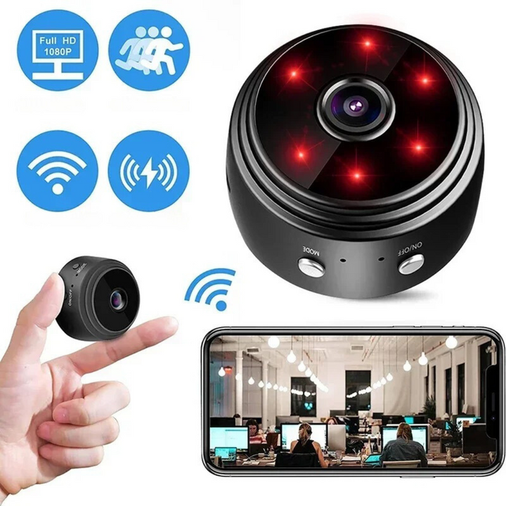 Wireless mini security camera angled view with adjustable stand