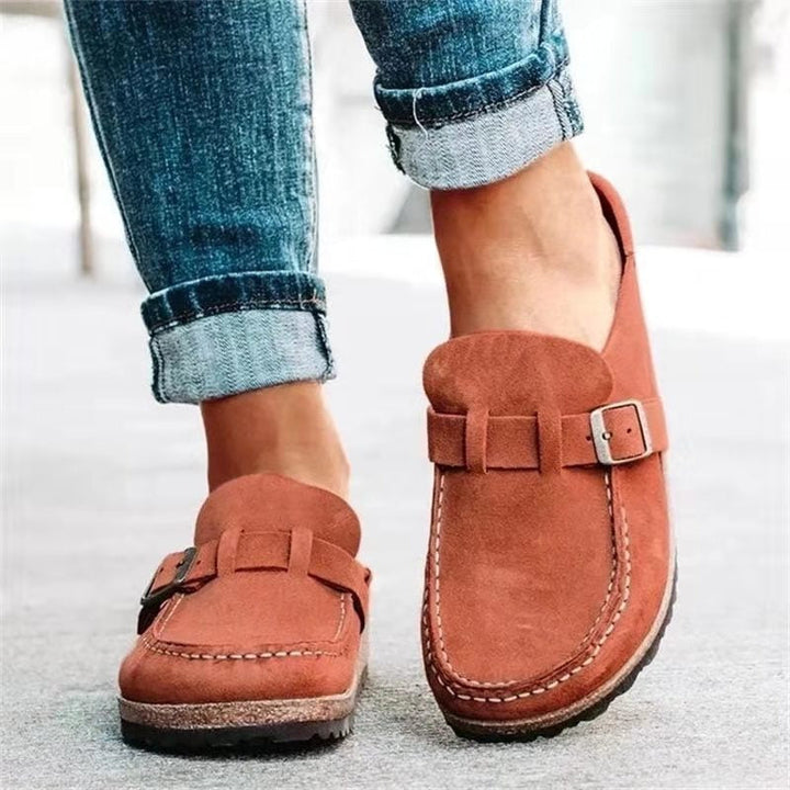 Women's black slip-on buckle loafers casual flat shoes
