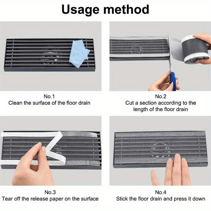 Demonstration of self-adhesive drain mesh cover applied over a bathroom shower drain