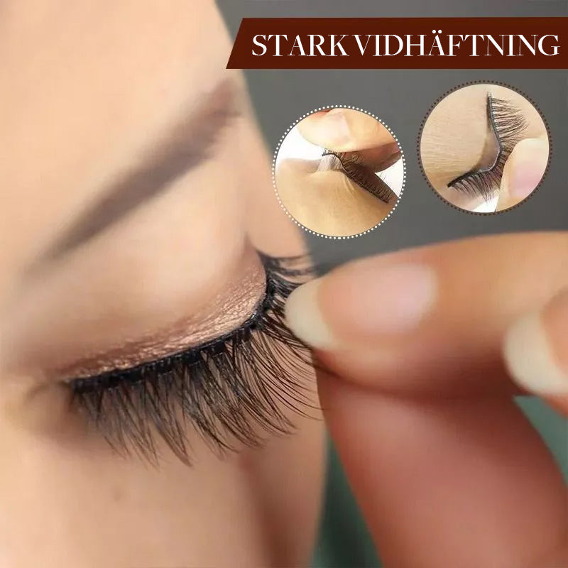 Close-up of a woman applying self-adhesive reusable false eyelashes to her eyelid