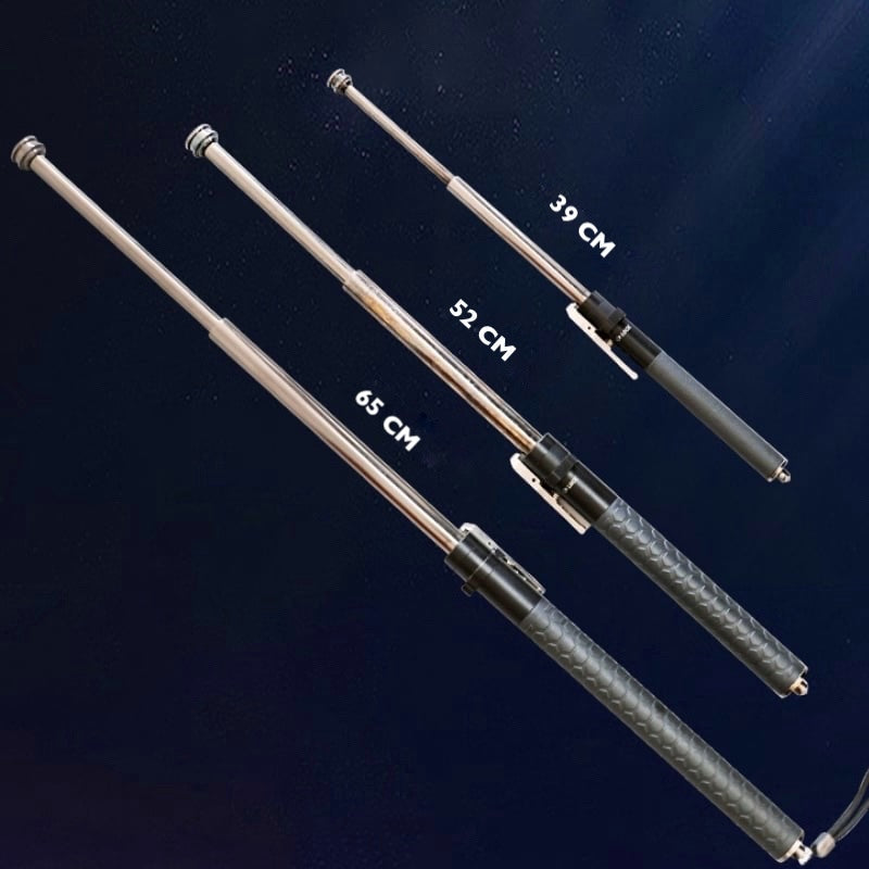 Three telescopic self-defense walking sticks shown in different lengths from 39 cm to 65 cm