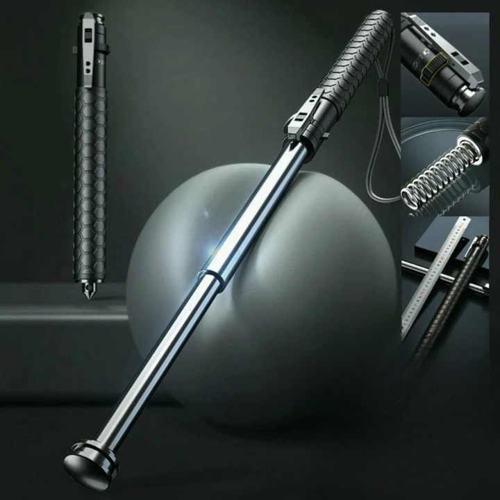 Product showcase of the automatic self-defense walking stick with internal spring mechanism visible
