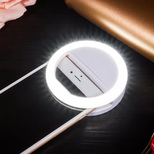 Close up view of white portable selfie ring light on a phone