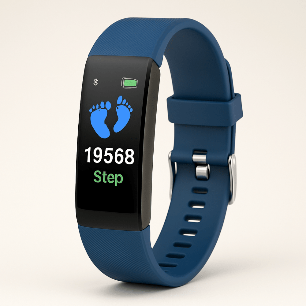 Close-up of blue senior fitness watch showing clear LED screen and buckle strap