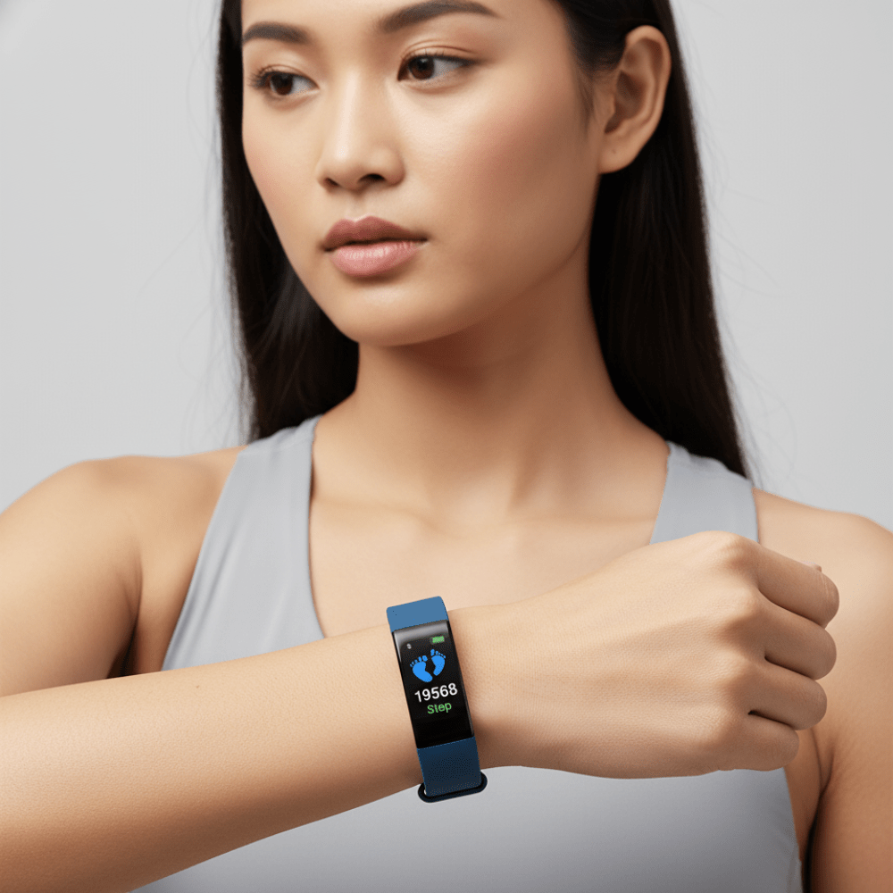 Model wearing blue senior fitness watch with step counter display on wrist