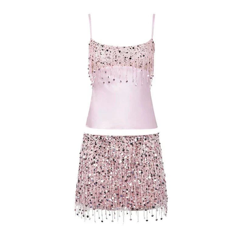 Pink sequin tassel two-piece set featuring top and skirt