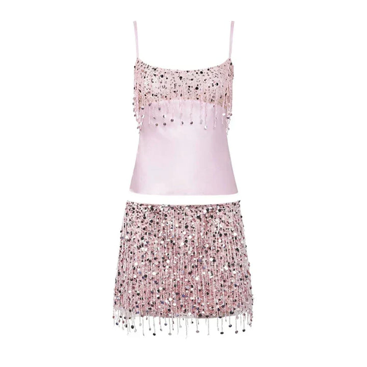 Pink sequin tassel two-piece set featuring top and skirt