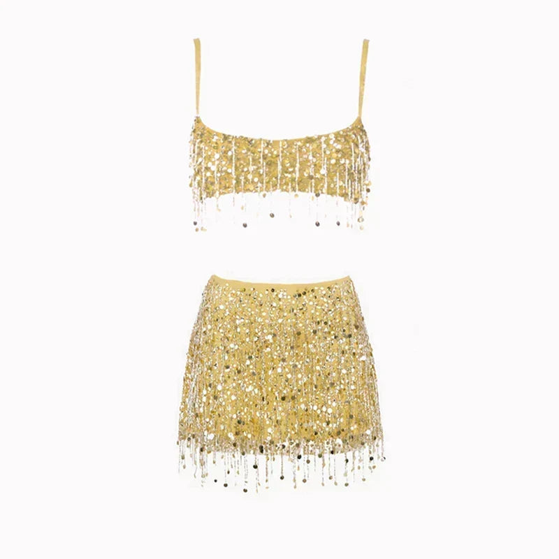 Yellow sequin tassel two-piece set with sparkling fringe