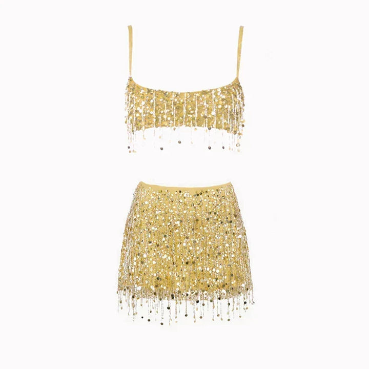 Yellow sequin tassel two-piece set with sparkling fringe