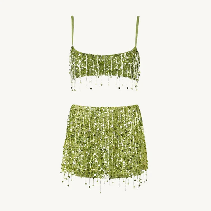 Green sequin tassel two-piece set for summer festivals