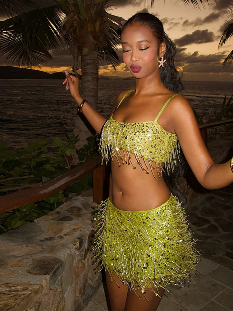 Womens sequin tassel two-piece outfit back view showcasing sparkling festival skirt