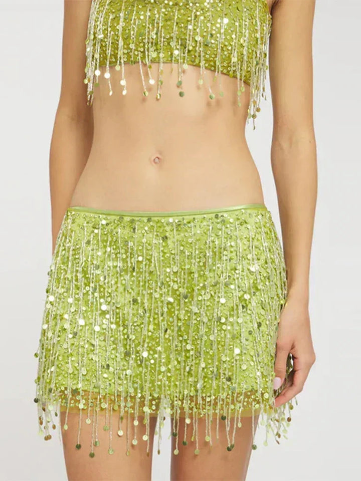 Womens fashion sequin two-piece set styled with accessories for summer wear