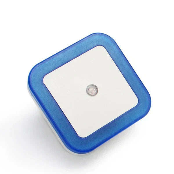 Blue framed LED night light unit viewed from the front showing the sensor lens