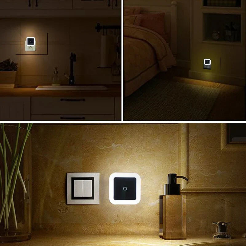 Night lights installed in a modern kitchen and bedroom hallway during nighttime