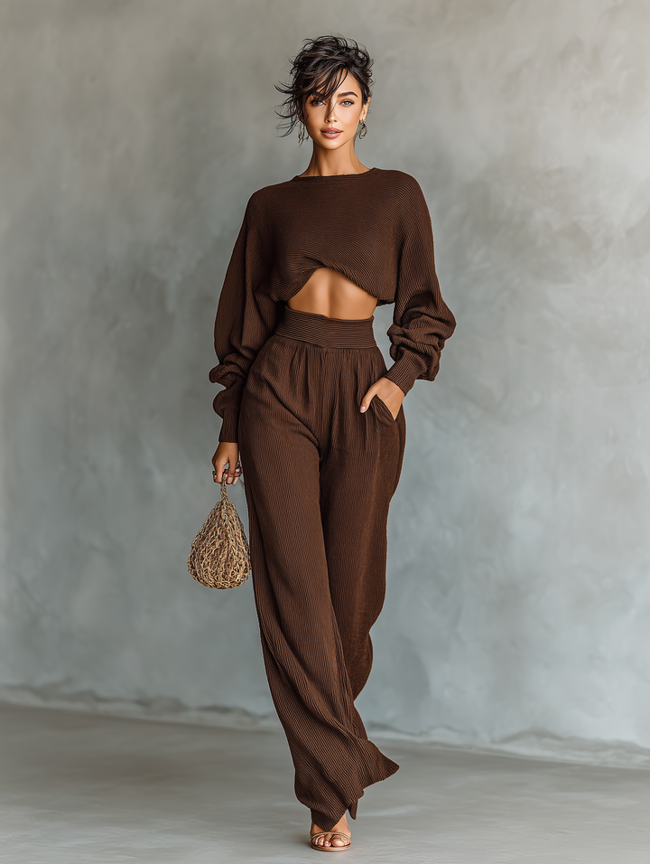 Full-body view of a woman styling the stylish coffee brown knit coord set with sandals.