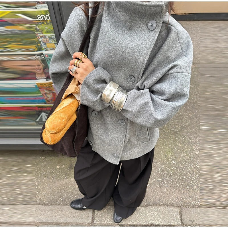 Stylish high neck winter jacket for women in gray color