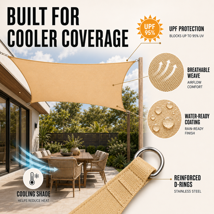 Close up view of breathable outdoor sun shade material with stitched edges