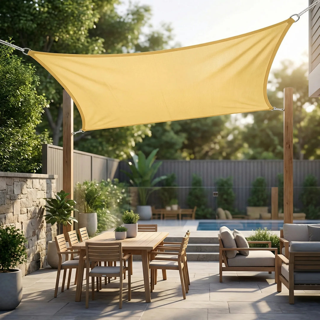 Patio canopy blocking harsh sunlight to create a comfortable shaded lounge area