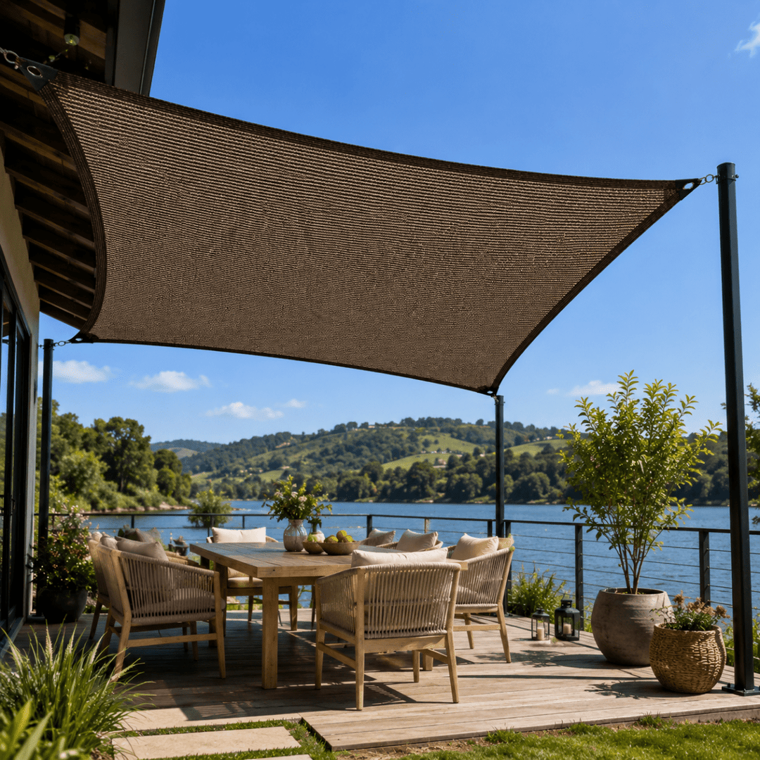 SHADEMASTER UV protection shade net installed over a wooden outdoor terrace with dining table