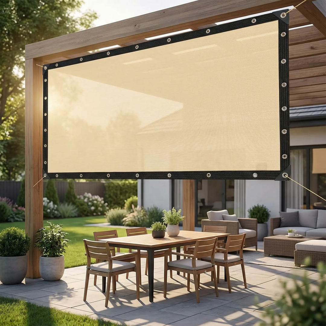 Breathable fabric texture of the beige rectangular awning for sun protection