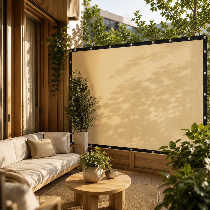 Relaxing outdoor living space shaded by a stylish neutral garden canopy